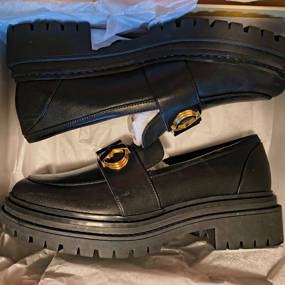 MICHAEL Michael Kors Black Loafers with Gold Logo - Picture 2 of 5